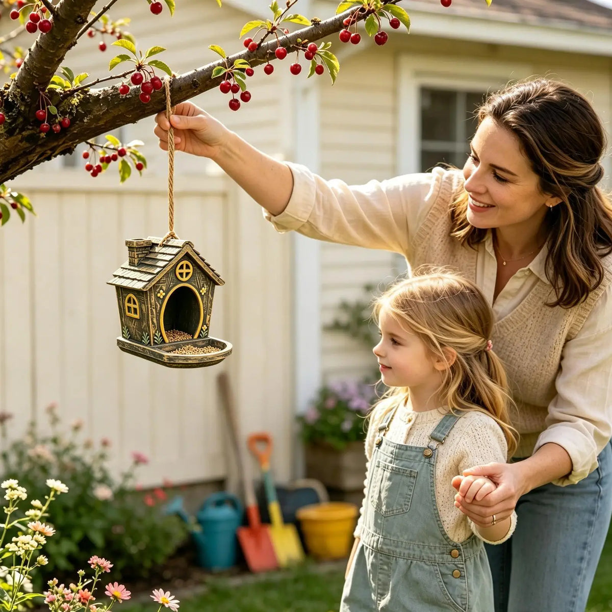 Yard Bird Feeder Vintage Cottage Shaped Outdoor Birdfeeder Patio Qme