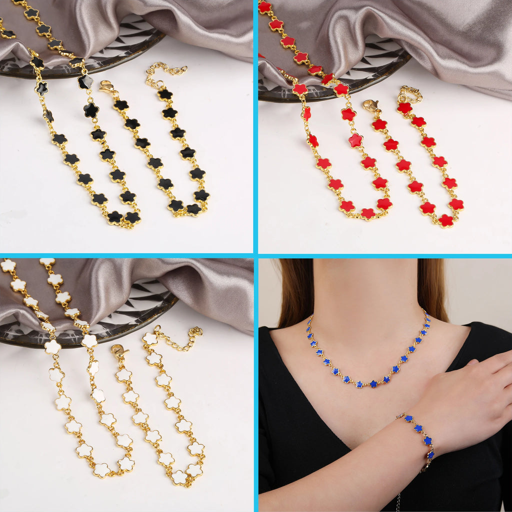 Classic 7 Color Copper Drip Oil Five-Leaf Flower Bracelet Necklace Pentagram Jewelry Set For Women Wedding Party Daily Wear Qme