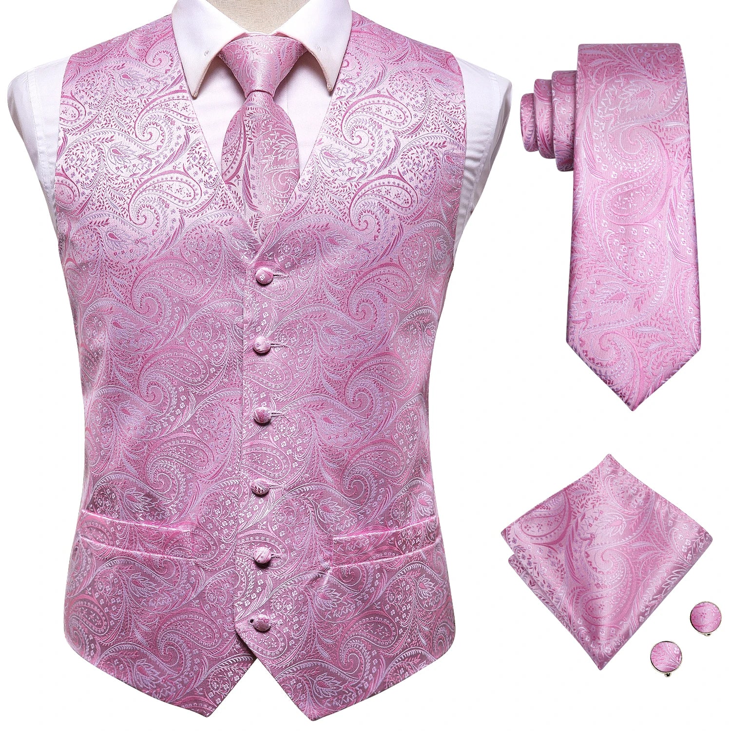 Hi-tie Mens Suit Vests Necktie Hankerchief Cufflinks Silk Slim Fit