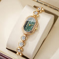 Women's Luxury Crystal Watch Gold Tone Oval Green Dial Elegant Qme Gold No Box