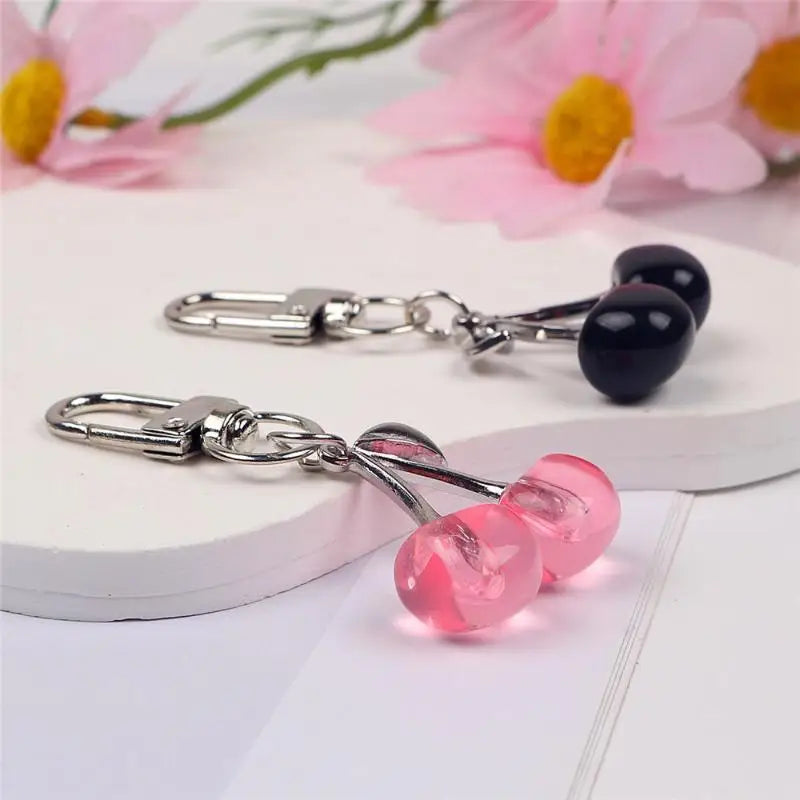 Crystal Cherry Keychain Pearl Bow Silver Heart Pendant Key Ring Qme
