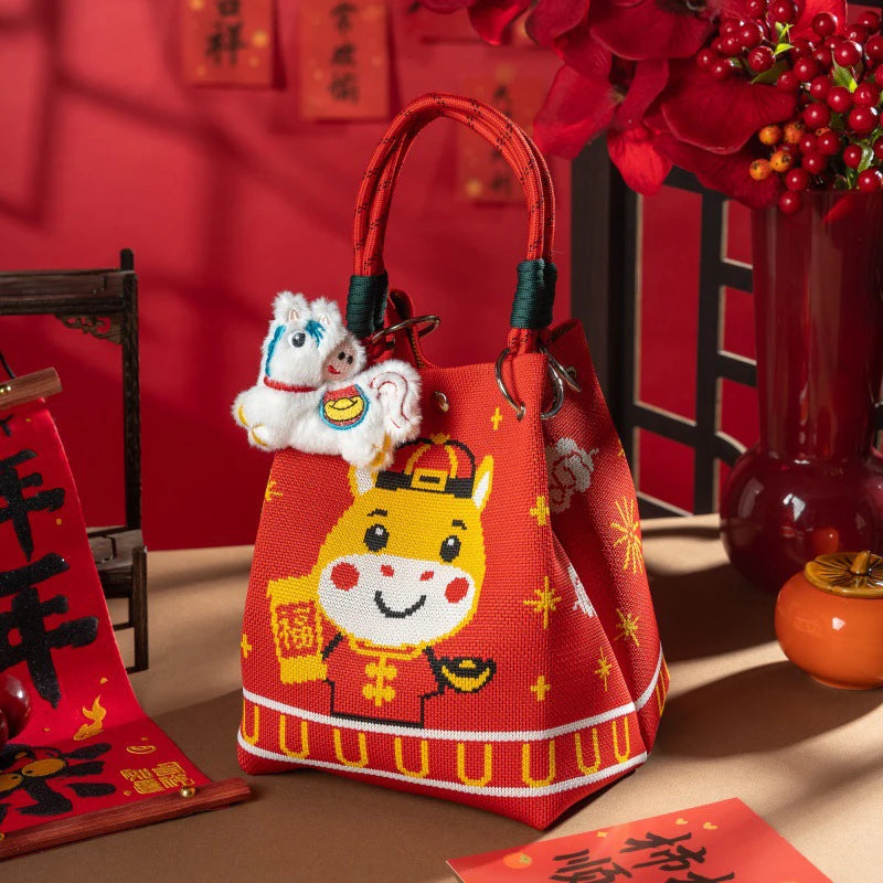 New 2026 Horse Year Cartoon Mascot Pony Knitted Bucket Bag For Women Fashion Large Capacity Portable Handbag New Year Gift Qme