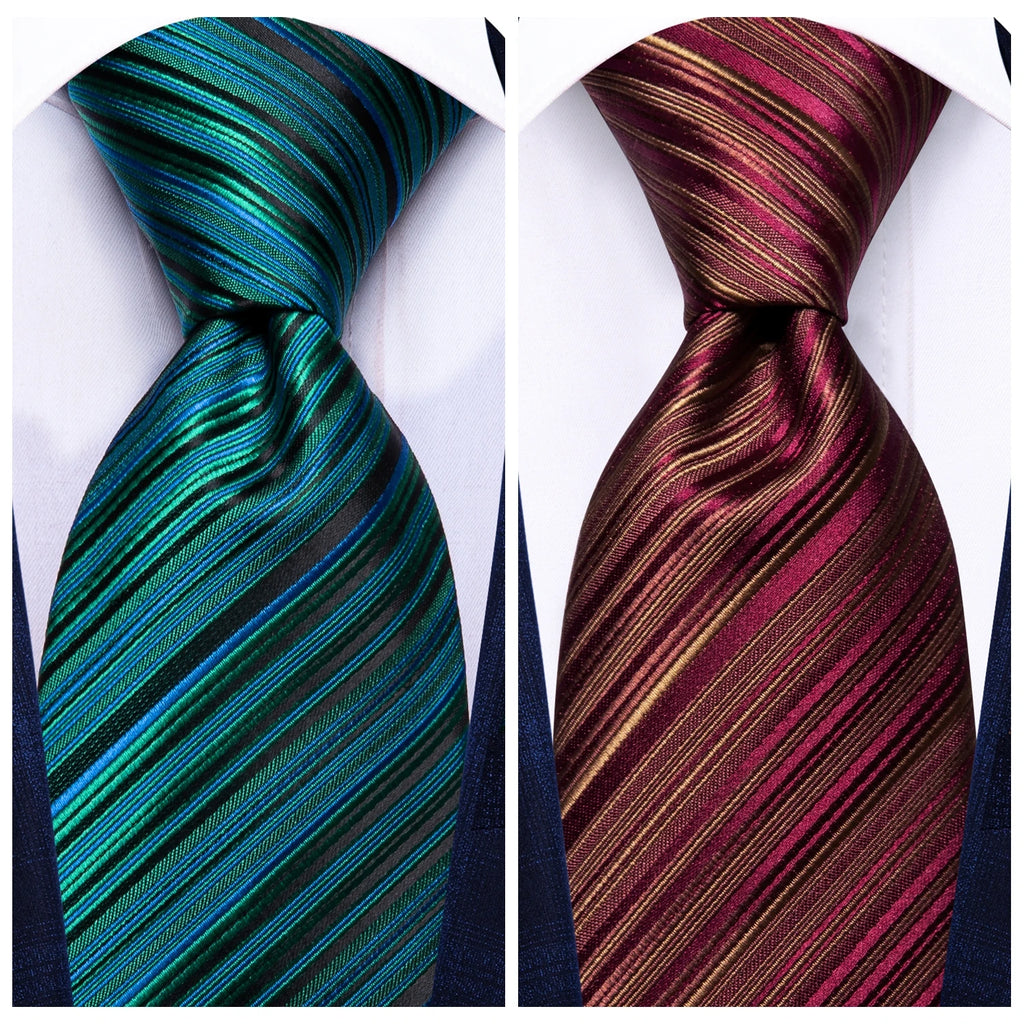 Hi-Tie Burgundy Blue Striped Men Elegant Necktie Handkerchief Cufflinks 3PCS Set Fashion Classic Silk Luxury Tie for Man Qme