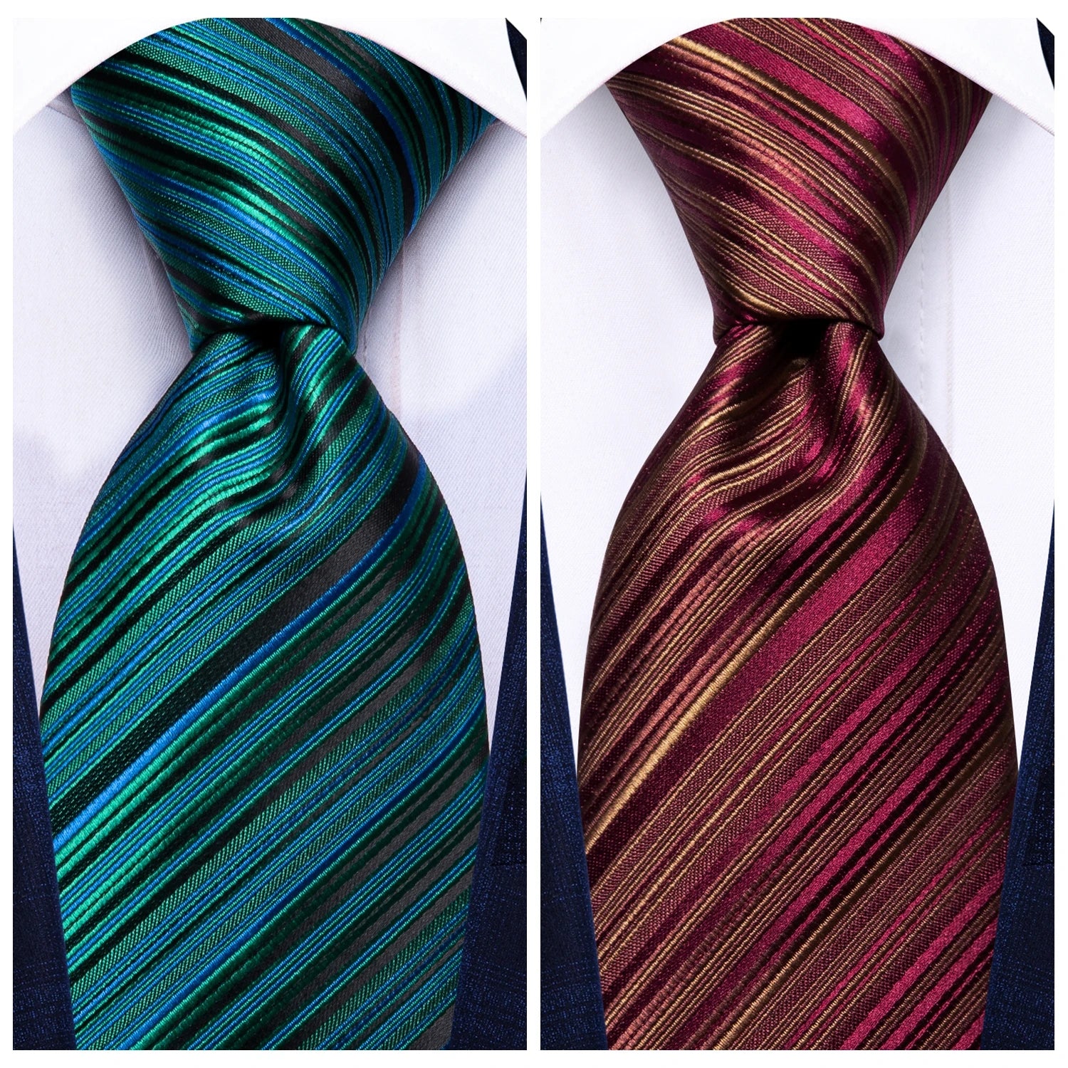 Hi-Tie Burgundy Blue Striped Men Elegant Necktie Handkerchief Cufflinks 3PCS Set Fashion Classic Silk Luxury Tie for Man Qme