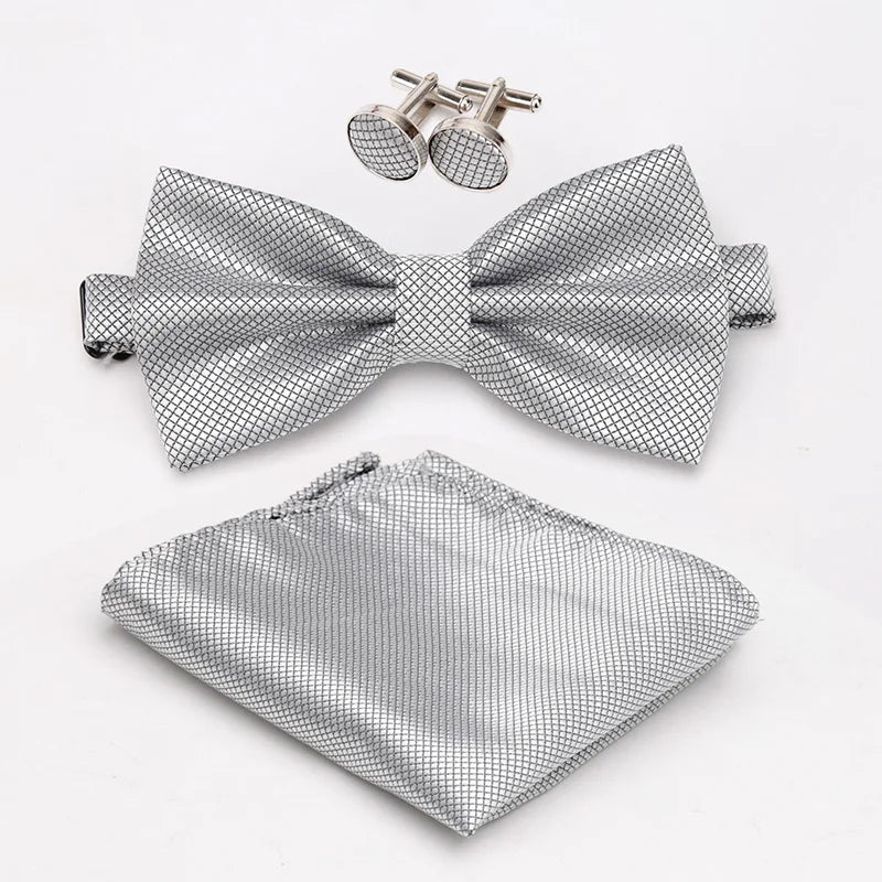 Men Bowtie Plaids Classic Fashion Wedding Party Formal Cufflinks Bow Qme Silver