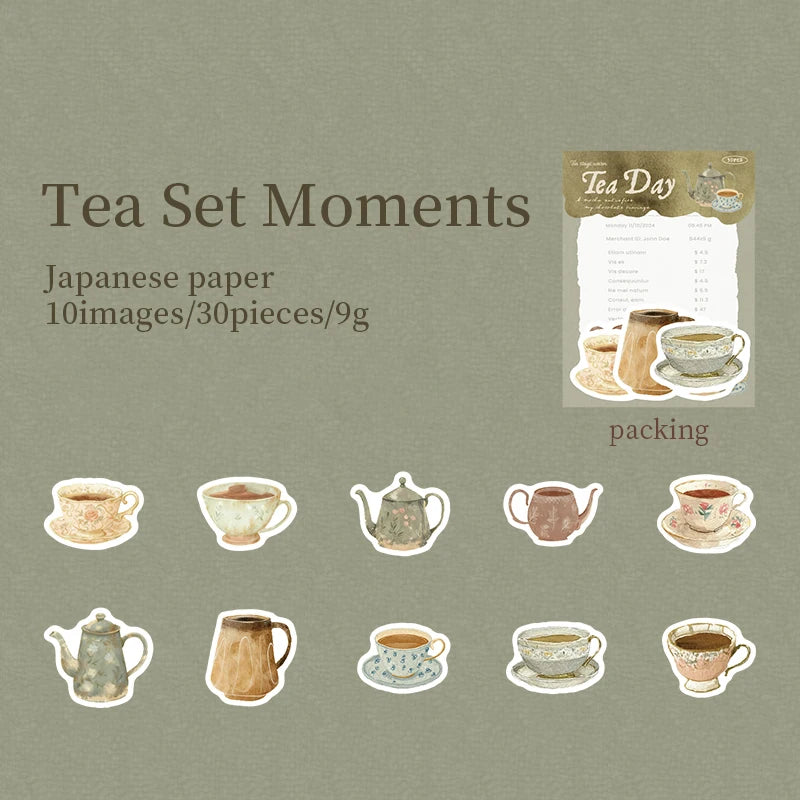 30 Sheets/Bag Japanese Tea House Retro Theme Washi Paper Sticker Pack for DIY Craft, Scrapbook Material, Birthday Gift Qme 2