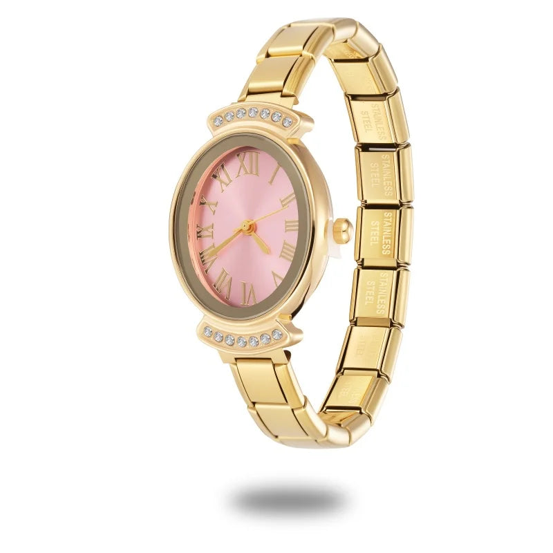 New2026 Vintage High Quality Oval Inlaid Zircon Stainless Steel Watch Bracelet Women's 9MM DIY Italian Charm Bangle Jewelry Gift Qme Style 8