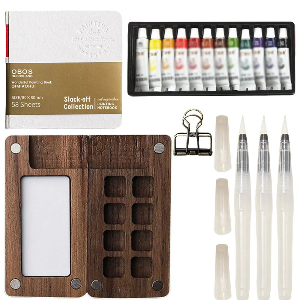 Travel Paint Palette Mini Watercolor Palette Set with Clip Portable Watercolor Set Wooden Grid Paint Box for Watercolor Painting Qme 8 Grid 12 Colors