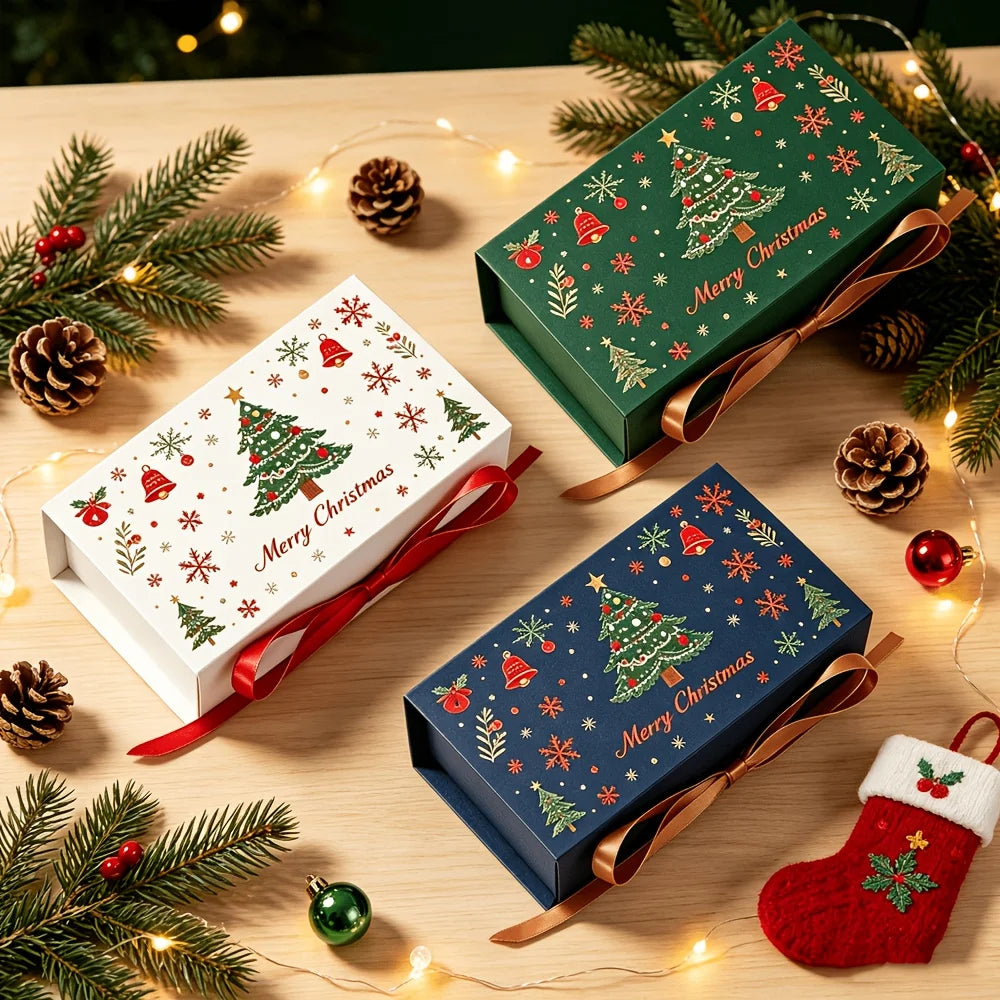 10pcs Merry Christmas Gift Boxes with Ribbon, Xmas Tree Snowflake Printed , Packaging Box for Holiday Biscuit Wedding Favor Qme