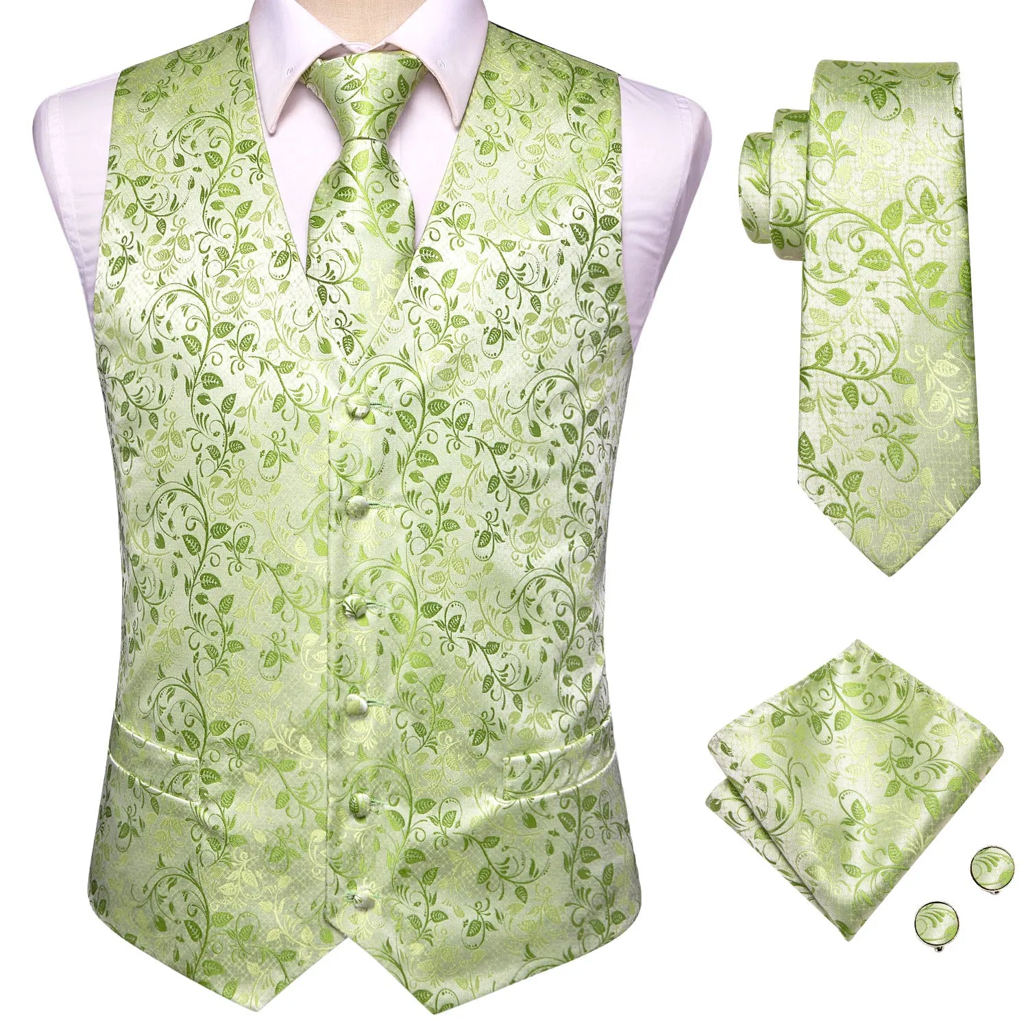 Mens Suit Vest Tie Hanky Cufflinks Jacquard Floral Paisley Waistcoat