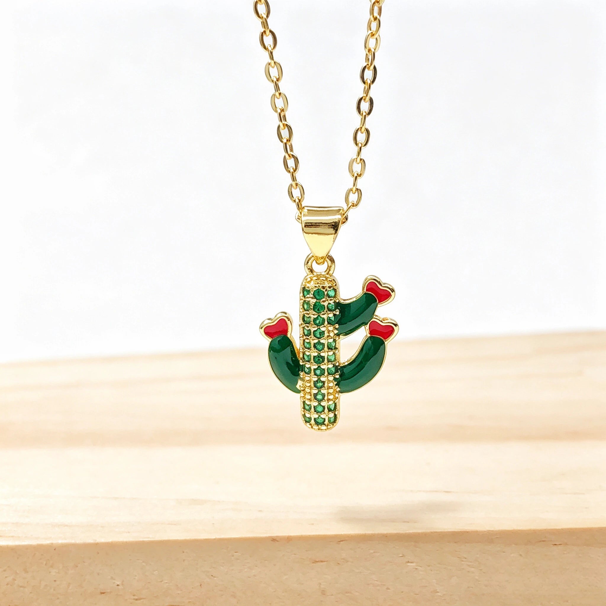Gold Plated Multicolor Zircon Enamel Art Cactus Pendant Necklace Bohemian Floral Jewelry For Women Casual Vacations Gift New Qme 2