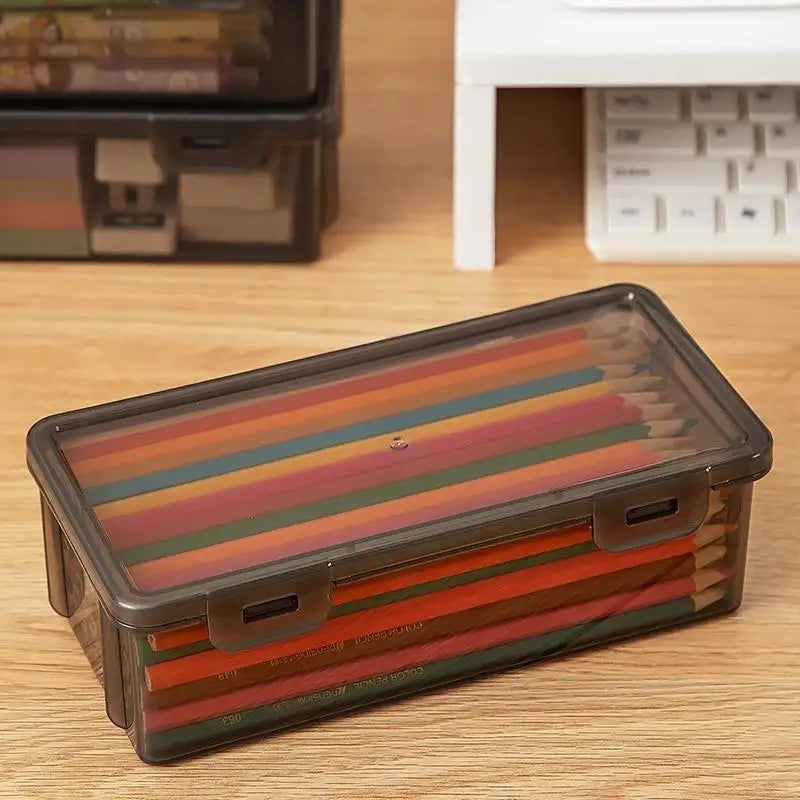 Black Transparent Plastic Storage Box Lid Desk Organizer Pens Pencils Qme