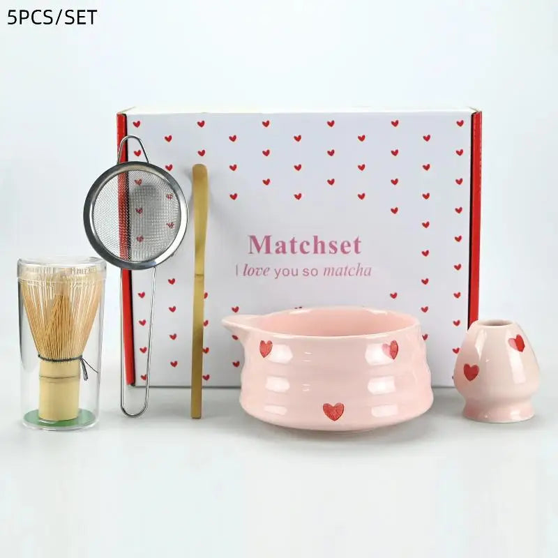 2 4 Sifter Heart Decal Ceramic Matcha Cute Includes Bowl Whisk Holder Qme 5pcs