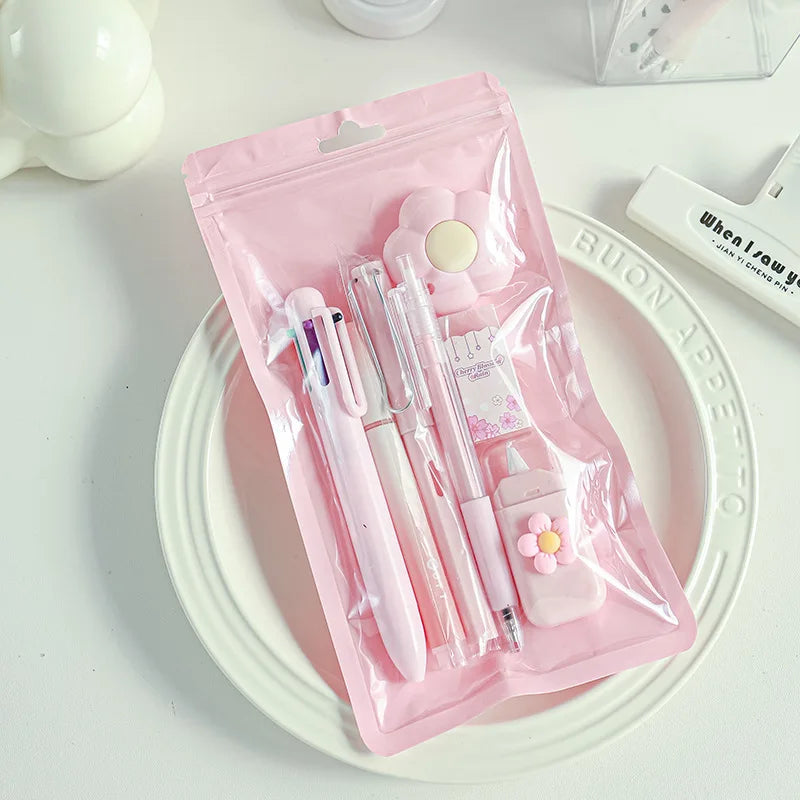 7PCS Cream Color Cute Stationery Set for School, Christmas Student Gift, Kawaii Writing Supplies with Notebook Pen Qme