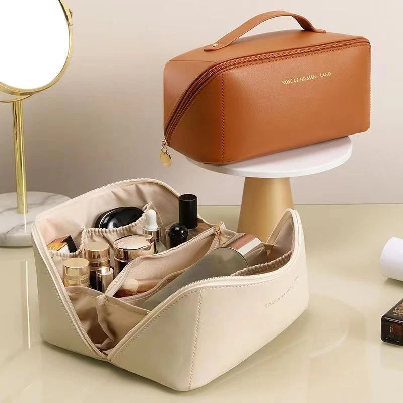 Cosmetic Bag PU Leather Large-capacity Travel Cosmetics Storage Bags Women Portable Handbag Multifunction Waterproof Washing Bag Qme