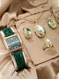 5-piece trendy leather women's watch square Korean fashion rhinestone block set Qme green No