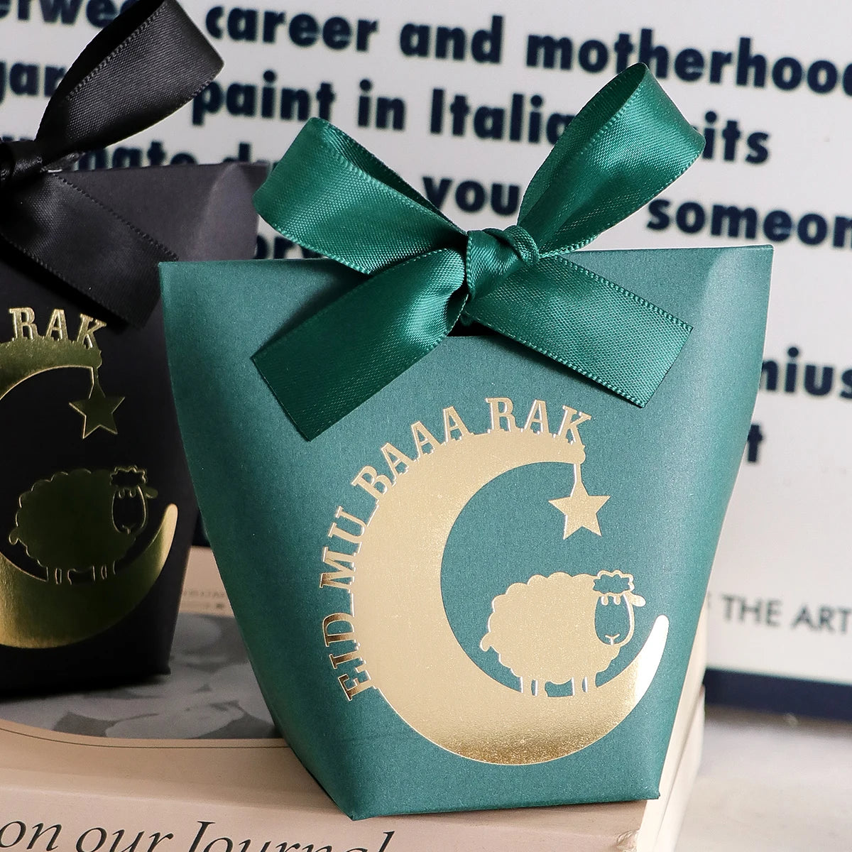 10 Elegant Black, White, and Green Eid Al-Adha Gift Boxes, Decorated with Creative Golden Crescent Lanterns and Lamb Motifs Perfect for Holding Candies, Chocolates, and Small Gifts. It Is a Celebration of the Eid Al-Adha. Qme
