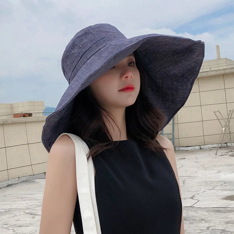 Summer Wide Brim Sun Hat Women's Foldable Travel Packable Bucket Hat Japanese UV Sunscreen Cotton Linen Beach Hat Fisherman Hat Qme NV 55-60cm