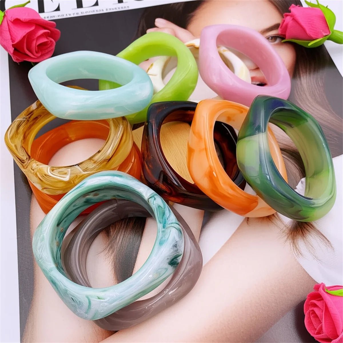 Fashion Summer Trendy Color Clear Wide Version Square Acrylic Resin Bracelet Women Girl Ins Party Travel Jewelry Hip Hop Bangle Qme