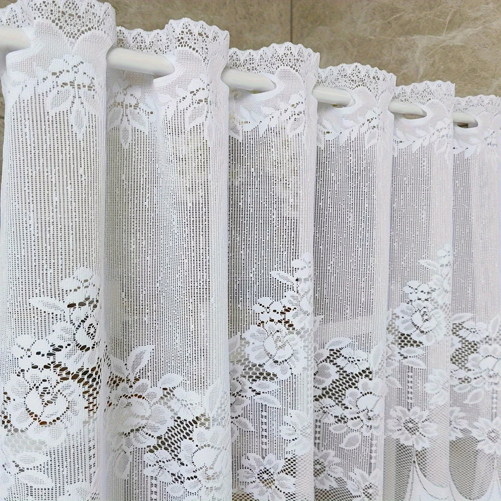 White lace chiffon curtains Floral pole pocket curtains with ruffles, semi-transparent and light-blocking, suitable for kitchens Qme