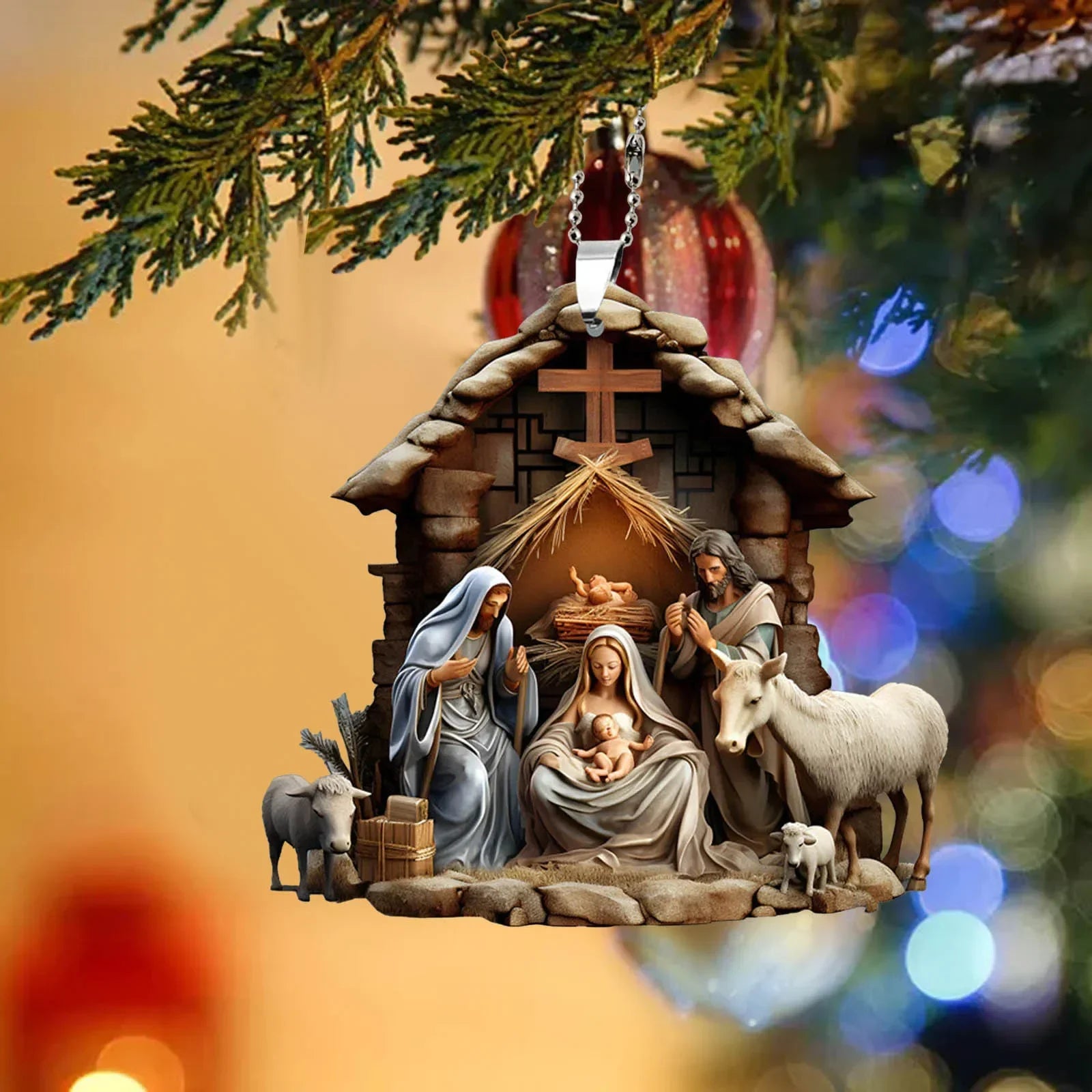 Christmas Tree Jesus Pendant Ornament Family Prayer Scene Pendant Bright Colored Car Decoration Pendant Home Decorations Qme