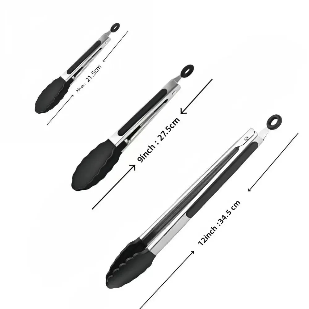 Multi-Size Lock Kitchen Tongs 7/9/12Inch Silicone Tip Heat Resistant Barbecue Gadget for Home Cooking Outdoor BBQ Use Qme