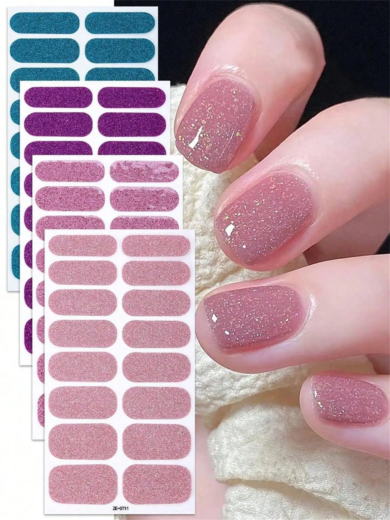 Beauty Sticker Nail Full Wraps Polish Strips Winter Pink Glitter Qme