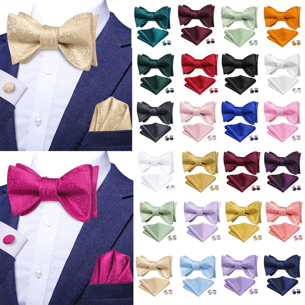 Hi-Tie Classic Bow Ties for Men Butterfly Self-Tied Male Bowtie Pocket Square Cufflinks Set Jacquard Paisley Wedding Event Party Qme