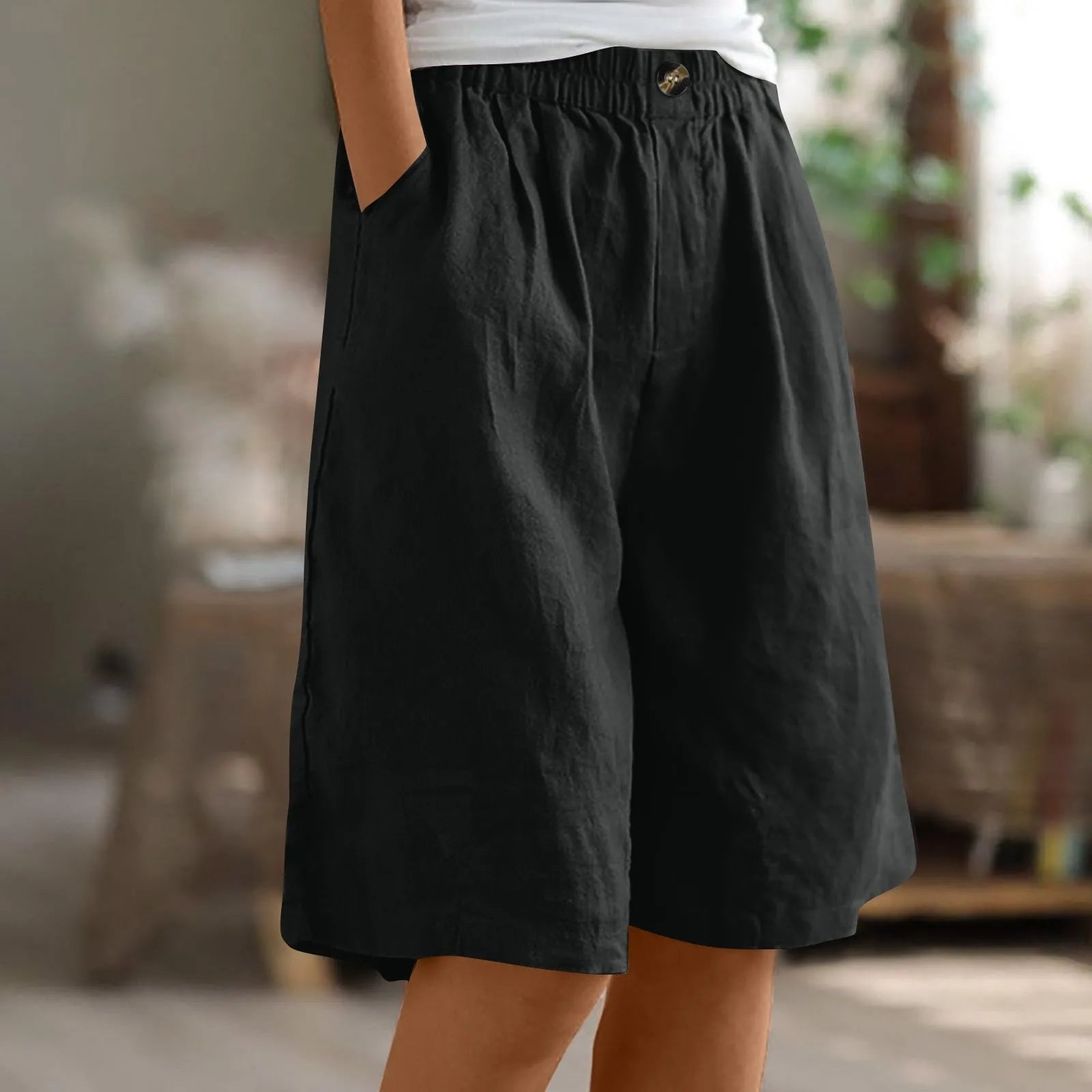 Female Fashion Solid Color Elastic High Waist Pocket Button Up Loose Cotton Linen Five Length Shorts Summer Soft Comfort Pants Qme