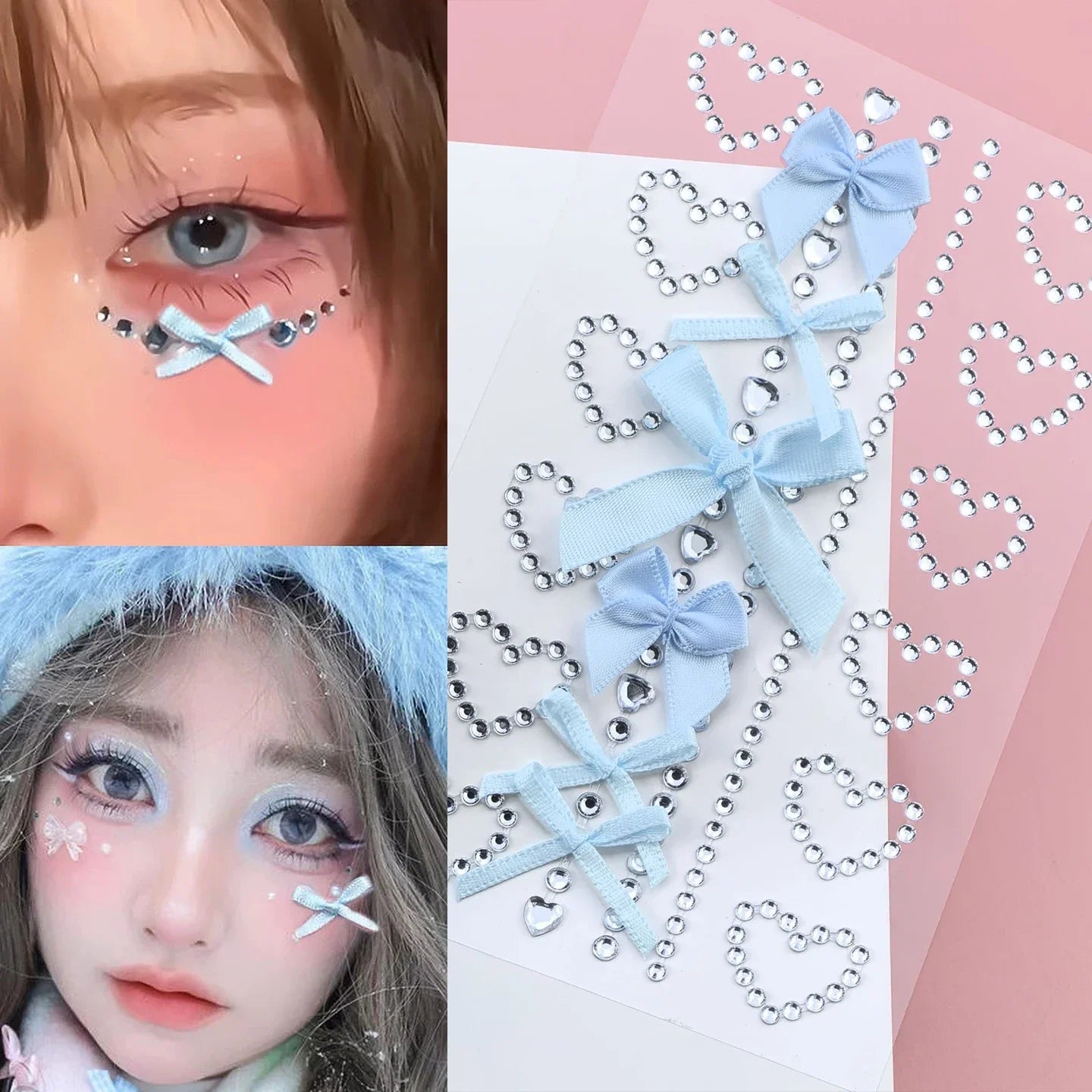 White Ribbon Bow Fashon Pearl Face Stickers Hollow Heart Pink Crystal Diamond Tattoo Stickers Body Arts Party Festival Makeup Qme Blue