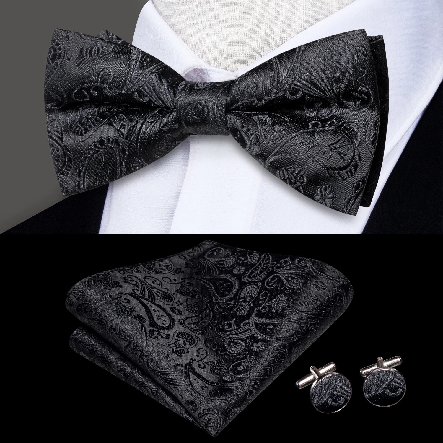 Hi-tie Pre-tied Mens Bowtie Hanky Cufflinks Bow Tie Cravat Male Qme LH-2534
