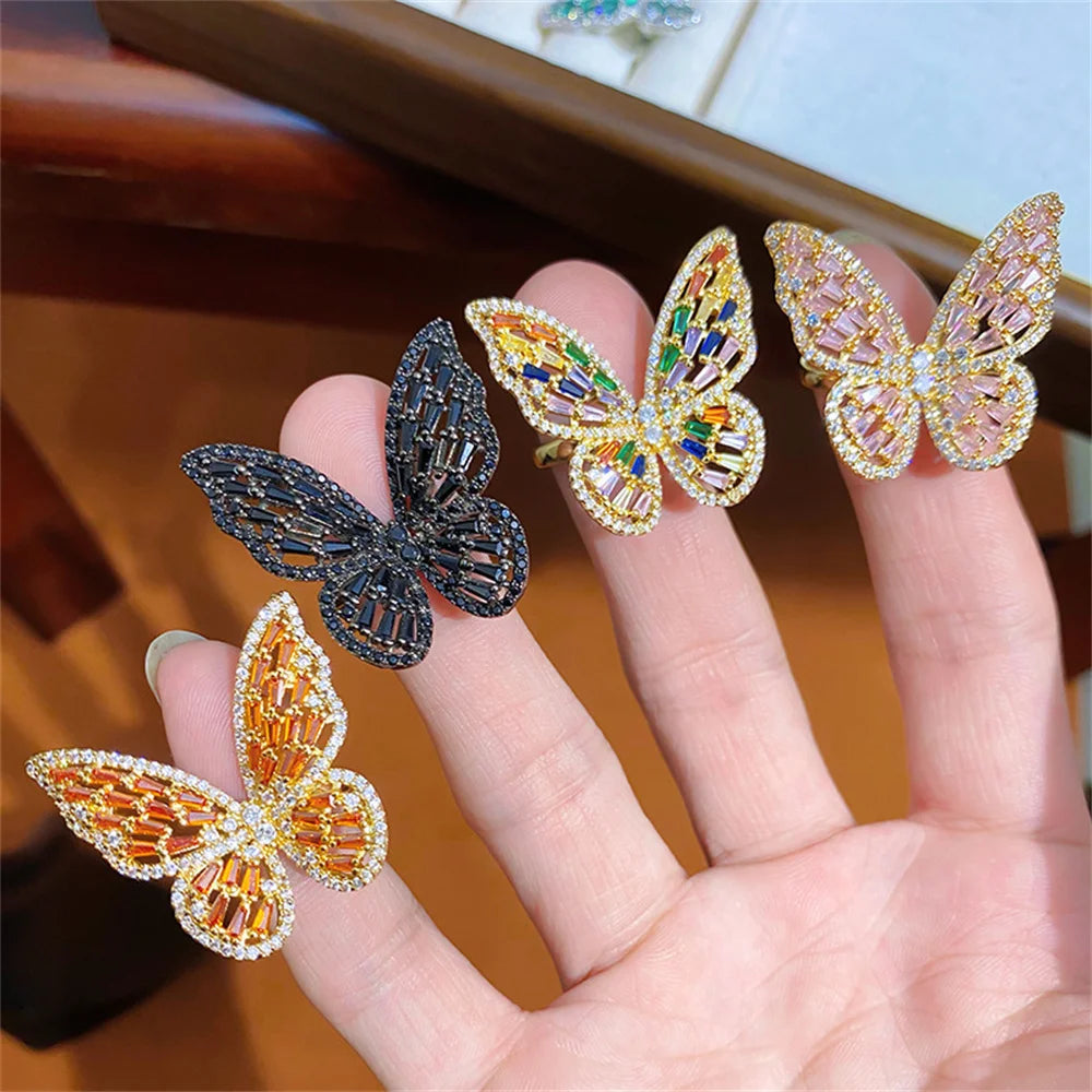 Personalized Colorful Butterfly Zircon Large Ring Adjustable Cute Luxury Shining Butterfly Ring Banquet Jewelry Qme