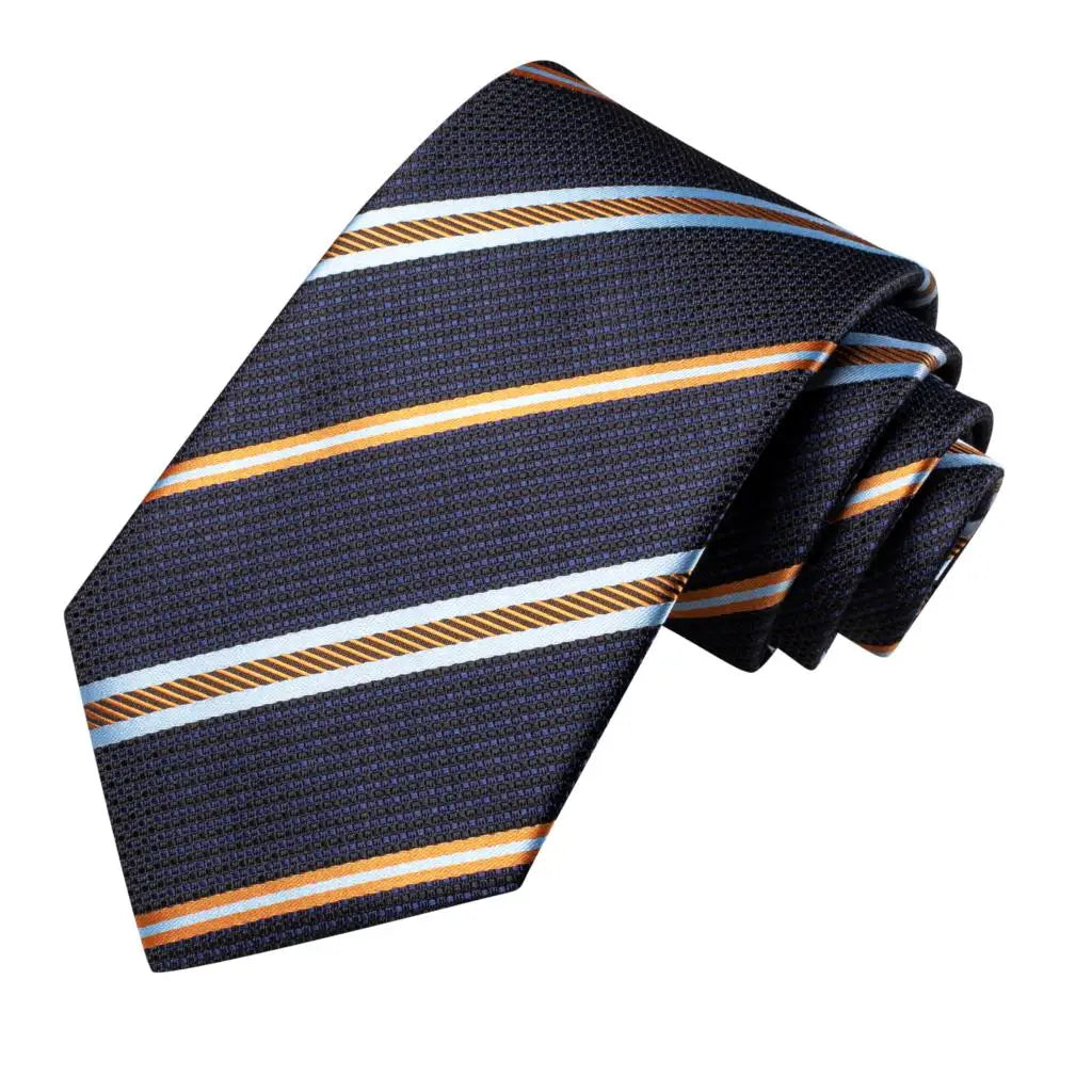 Hi-tie Men Fashion Striped Navy Blue Necktie Handkerchief Cufflinks Qme