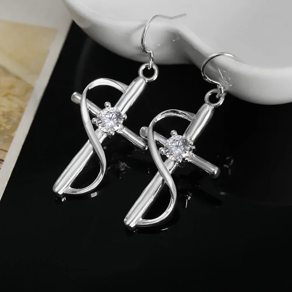 High Quality 925 Sterling Silver Earrings Fashion Jewelry Elegant Woman Crystal Cross Drop Earrings Trendsetter Christmas Gift Qme