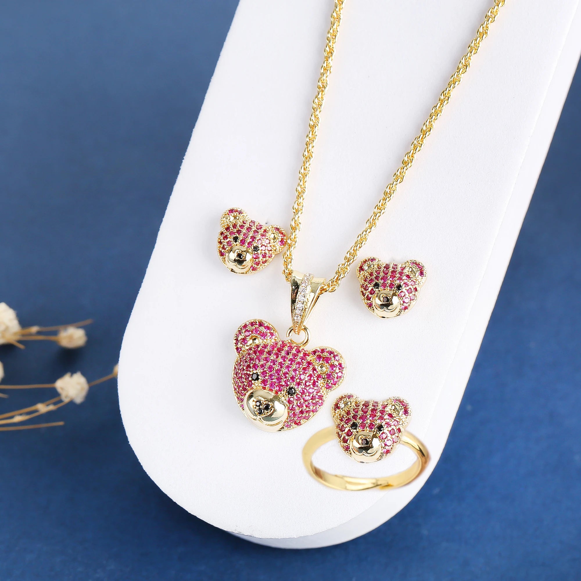 3pcs Exquisite Shiny White Red Zirconia Bear Jewelry Set Necklace Earrings Ring Cute Animal Jewelry Accessories For Women Girls Qme 3PC 4