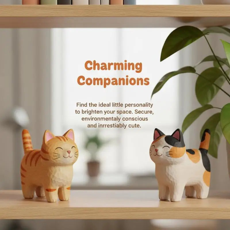 Carved Wooden Kitten Figurine Adorable Mini Cat Ornament Home Bedroom Qme