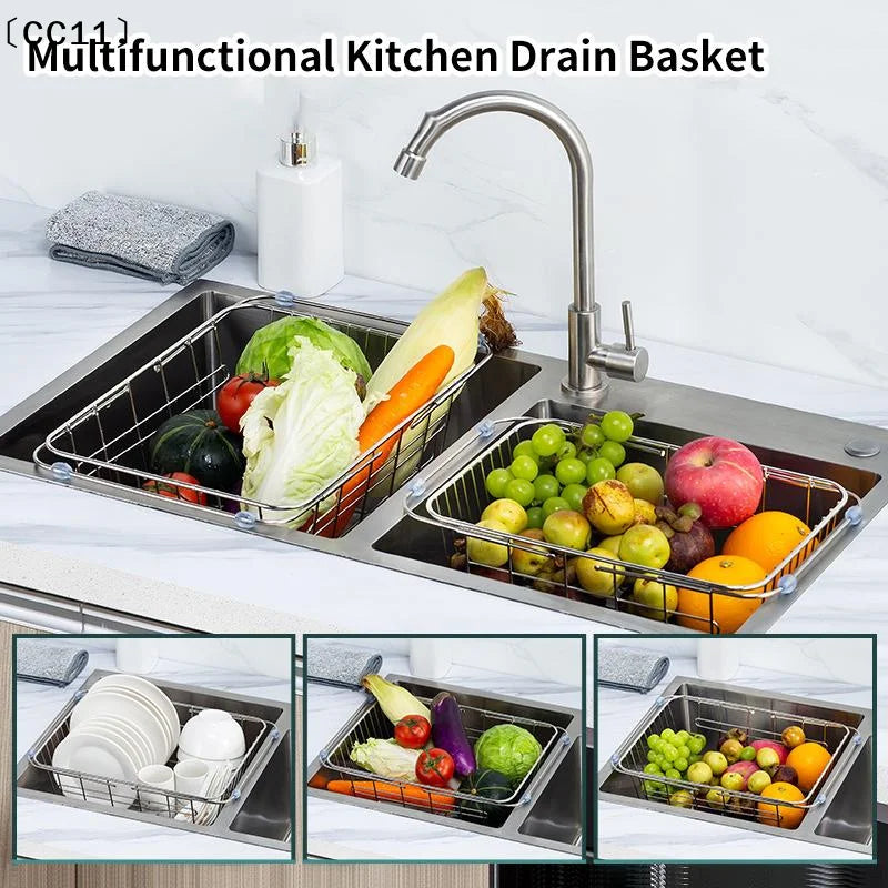 Extendable Sink Drainer Dish Vegetable Fruit Washing Basket Kitchen Qme