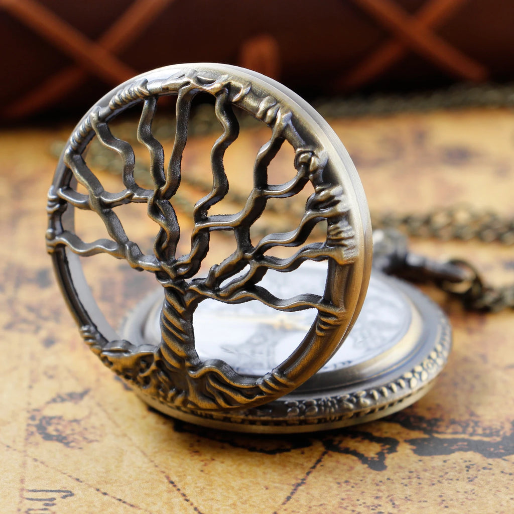 Steampunk Retro Bronze Hollow Tree of Life Quartz Pocket Watch with Fob Women's Watch Pendant Necklace Chain Men's Gift CF1088 Qme