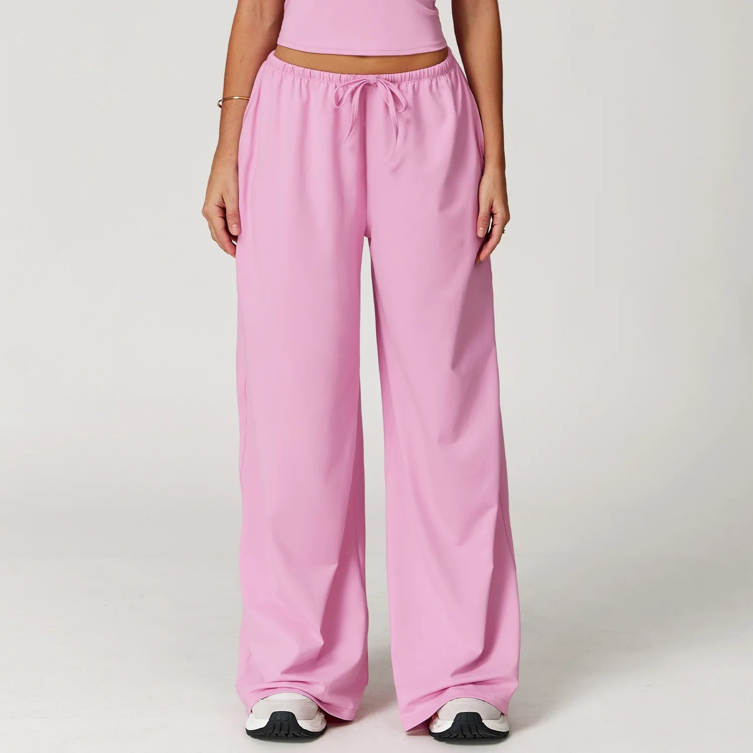 A Women Drawstring High Waist Sports Pants Quick Dry Full Length Wide Leg Yoga Trousers With Pockets For Workout Outdoor Use Qme Rose powder L