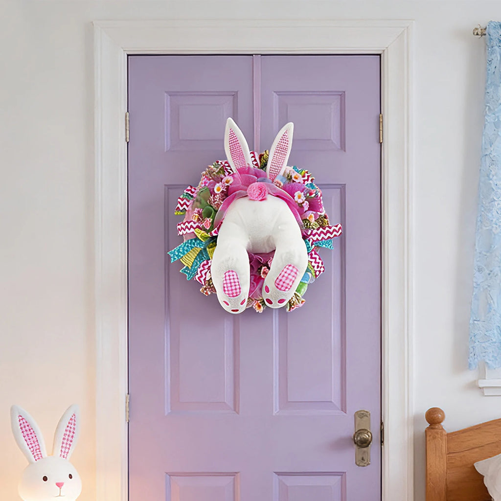 Easter Stuffed Bunny Butt Wreath Kit Cute Butt with Ears for Home Living Room Wall Door Hanging Cartoon Welcome Sign Wreath Qme