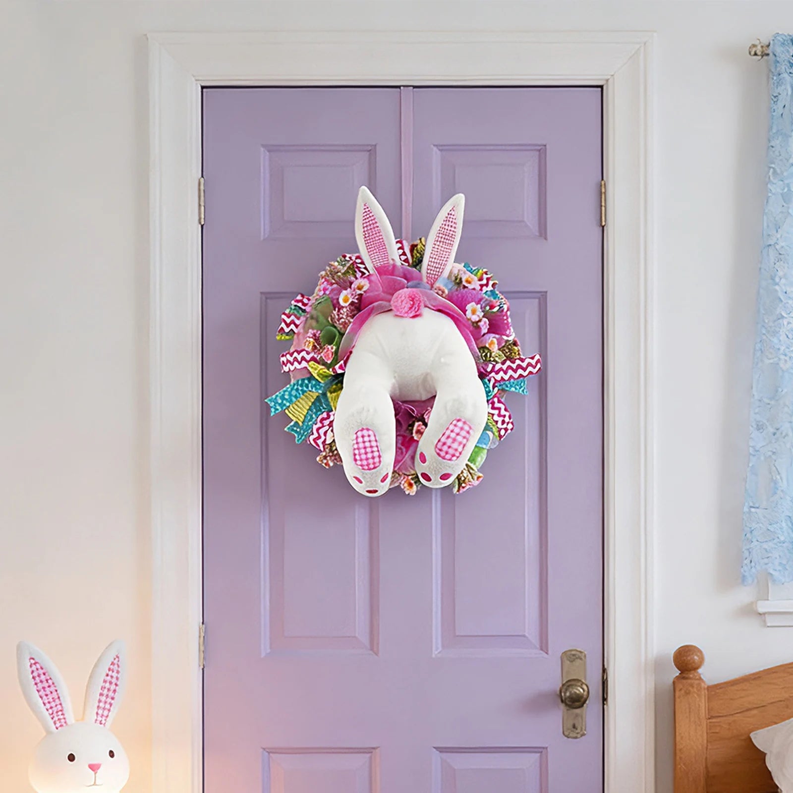 Easter Stuffed Bunny Butt Wreath Kit Cute Butt with Ears for Home Living Room Wall Door Hanging Cartoon Welcome Sign Wreath Qme