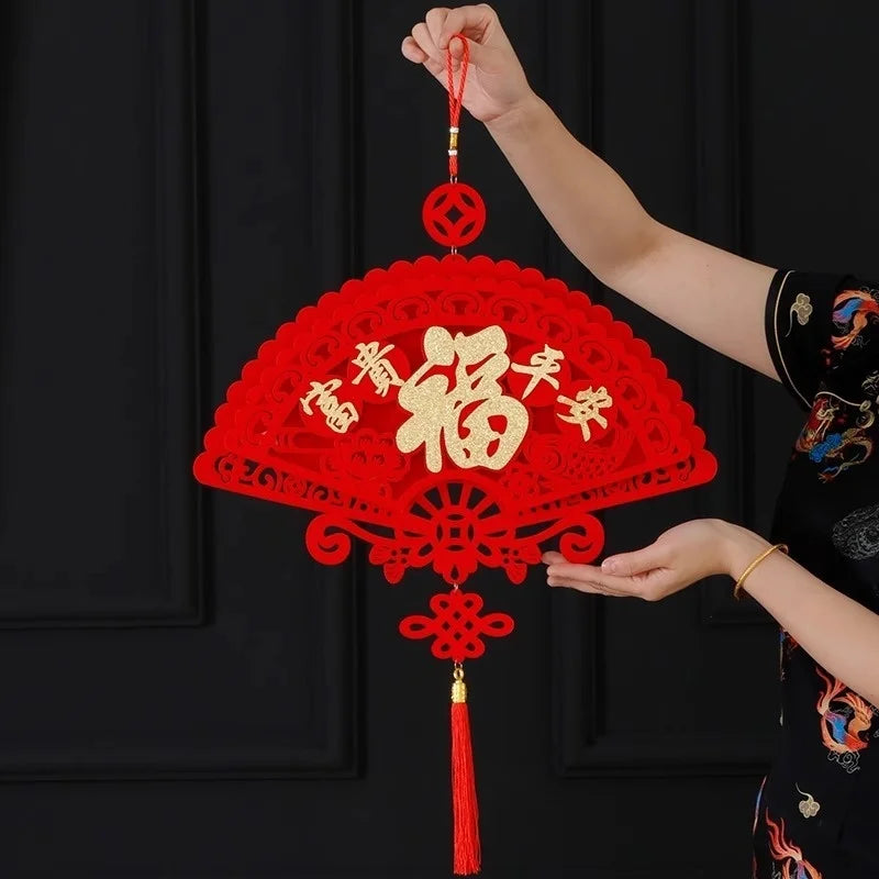 Spring Festival Chinese Knot Pendant Large Fortune Hanging Tassel Pendant Flocking Red Lucky Holiday Hanging Ornament Qme A1