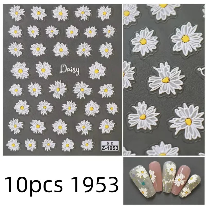 5D Flower Daisy Embossed Stickers Nail Sliders Decals Daisy White Florals Petals Flowers Back Glue Nail Sticker Decoration Qme 10pcs 1953