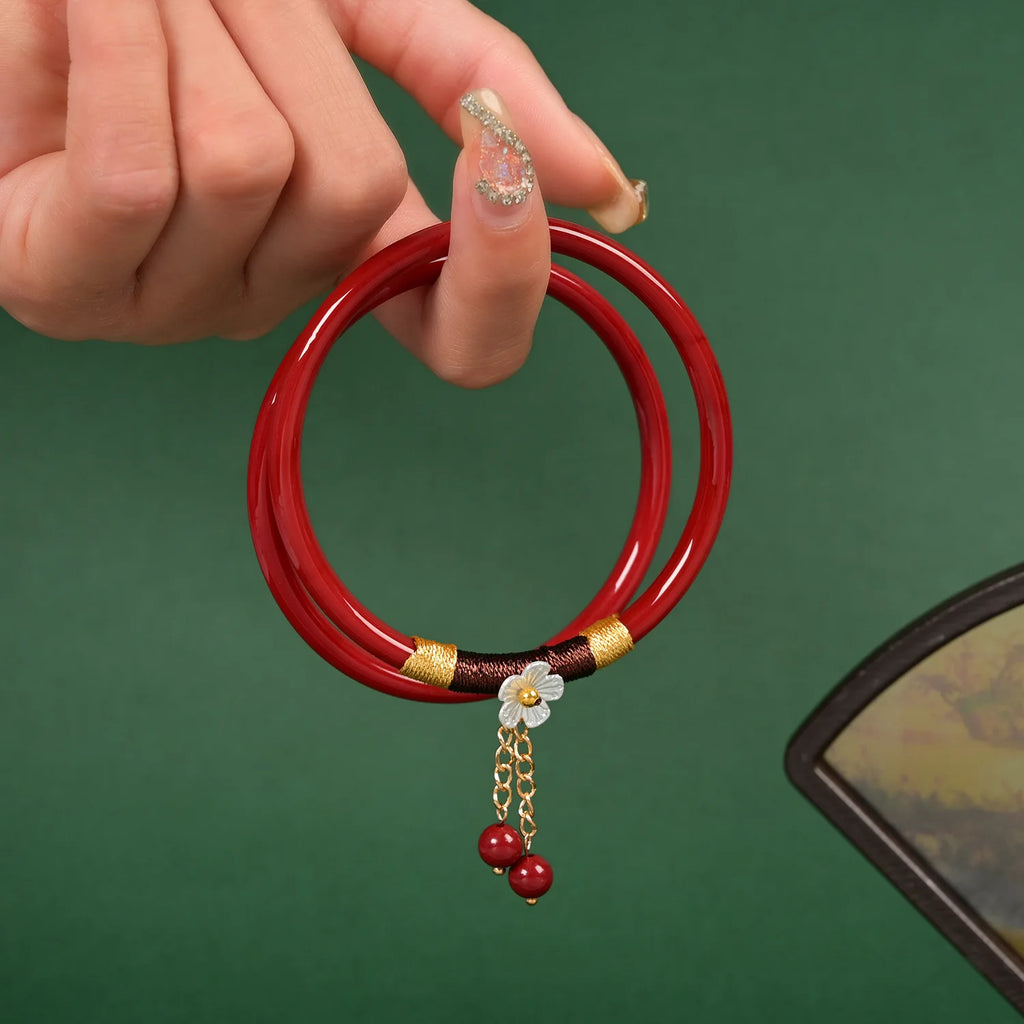 2Pcs/Set Natural Jade Jingle Bangles Retro Simple Fairy Flower Glass Bracelet Femme Fashion Women's Casual China Jewelry Gifts Qme