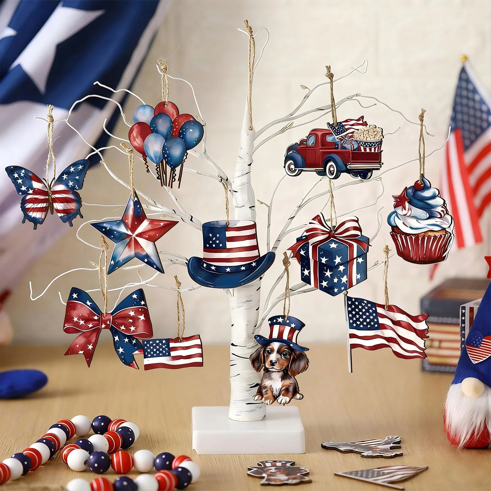 Independence Day Hanging Wooden Ornament Set Includes 12 Patterns and Hanging Ropes Anniversary Party DIY Decor Supplies Qme