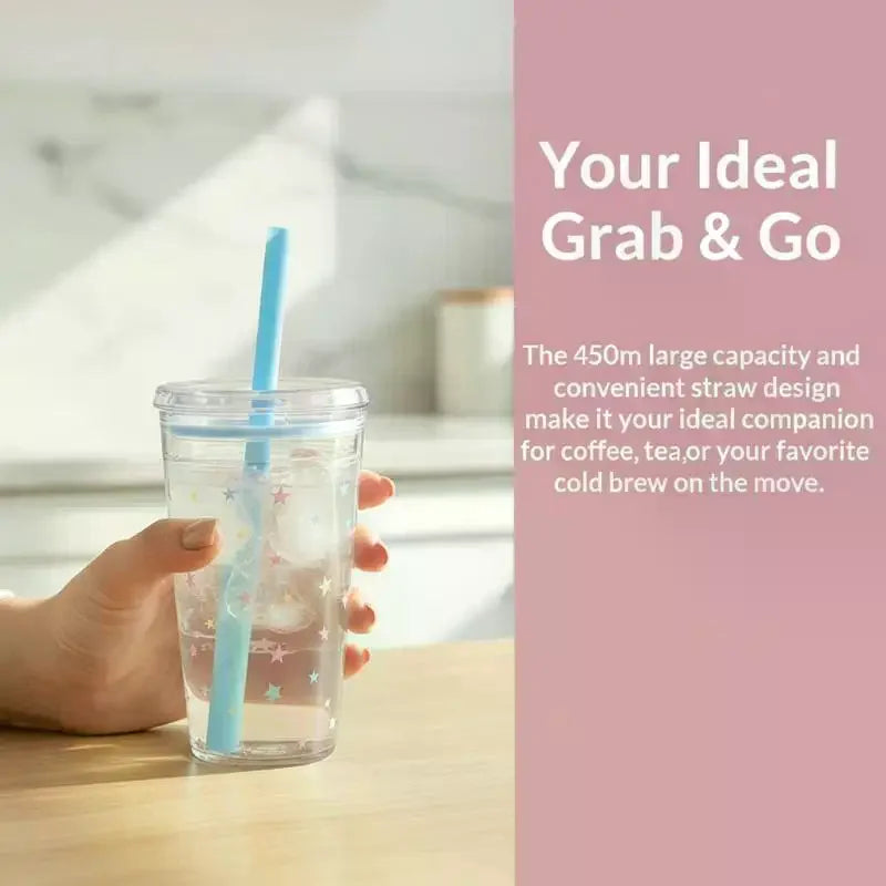 450ml Plastic Straw Cup Tea Coffee Milk Simple Straws Sweet Cute Star Cup Friend Gifts Qme