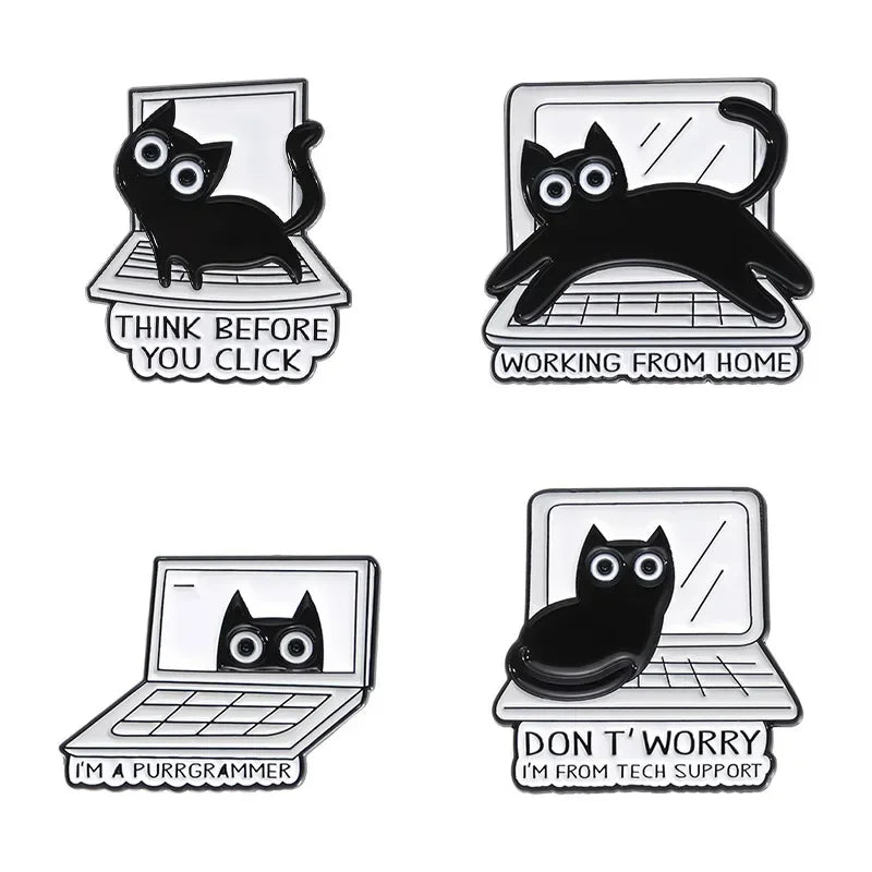 Cartoon Black Cat Brooch Enamel Pins Creative THINK BEFORE YOU CLICK Lapel Backpack Badges WORKING FROM HOME Jewelry Wholesale Qme set