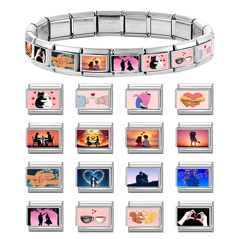 2026New Romantic Encounter With The Pink Sky Dancing Italian Charm Links Fit 9MM Stainless Steel Bracelet DIY Making Gift Couple Qme