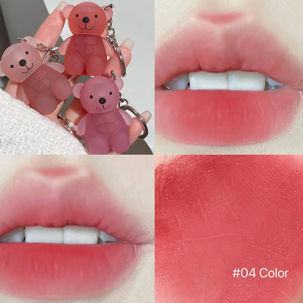 ART VALUE Cute Bear Lip Mud Keychain Matte Nude Red Lip Gloss Non-stick Cup Lipstick Waterproof Long Lasting Lipgloss Cosmetics Qme 04