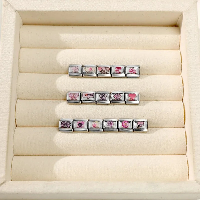 2026 Pink Love Heart Eyes OneArrow through the heart Italian Charms Link 9mm Sliver Modular Bracelet Stainless Steel DIY Jewelry Qme